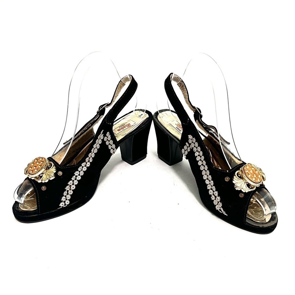 Vintage 1950s black velvet gold maximalist embellished open toe slingback heels - Picture 5 of 8